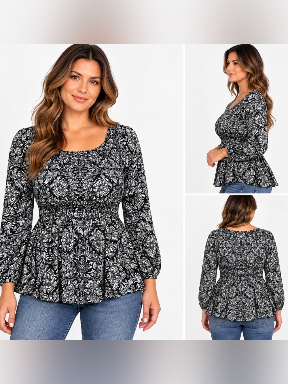 Maurices Black Floral Smocked Peplum Blouse